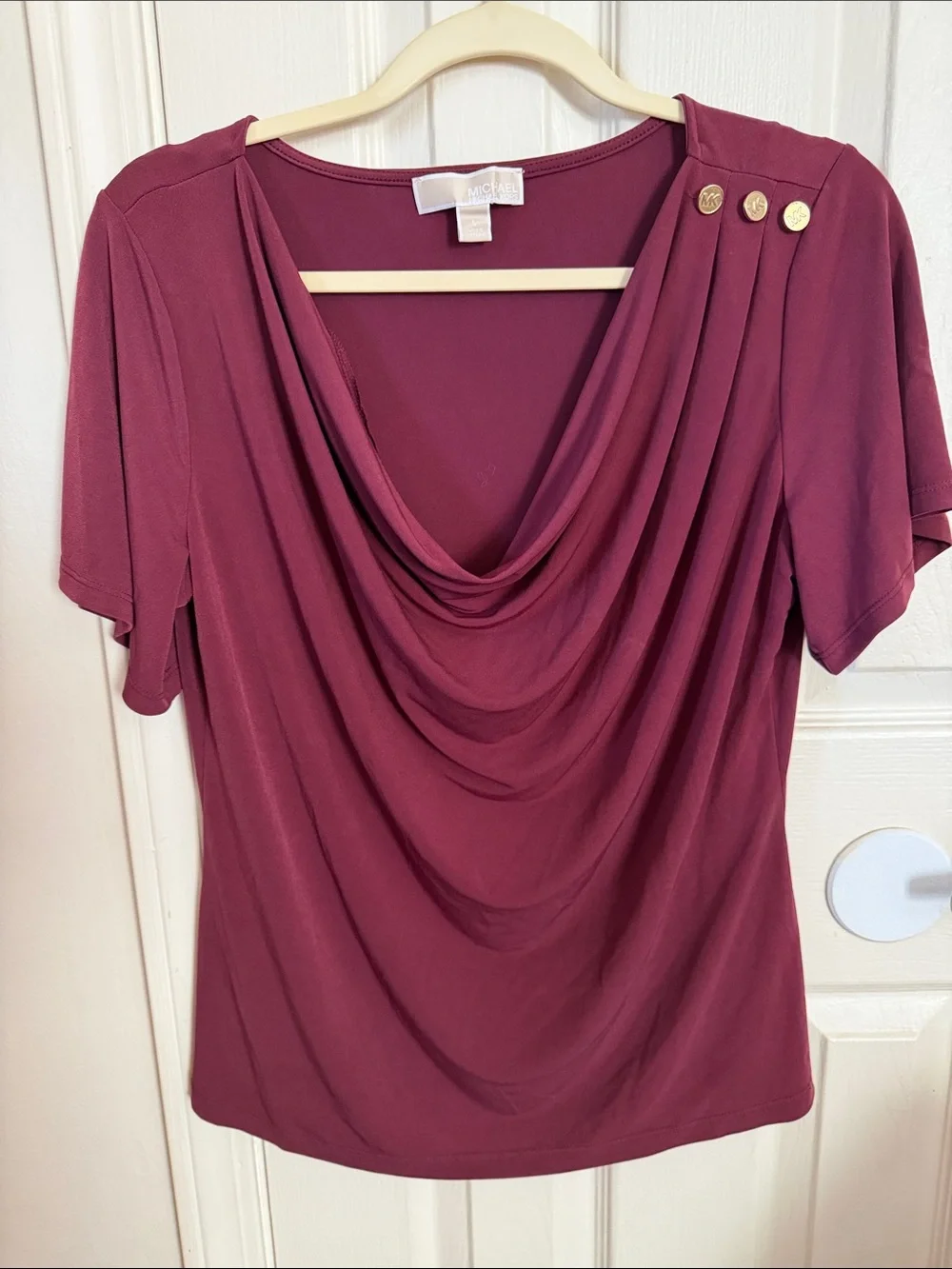 Michael Kors Burgundy Cowl Neck Short Sleeve Top with Gold Buttons